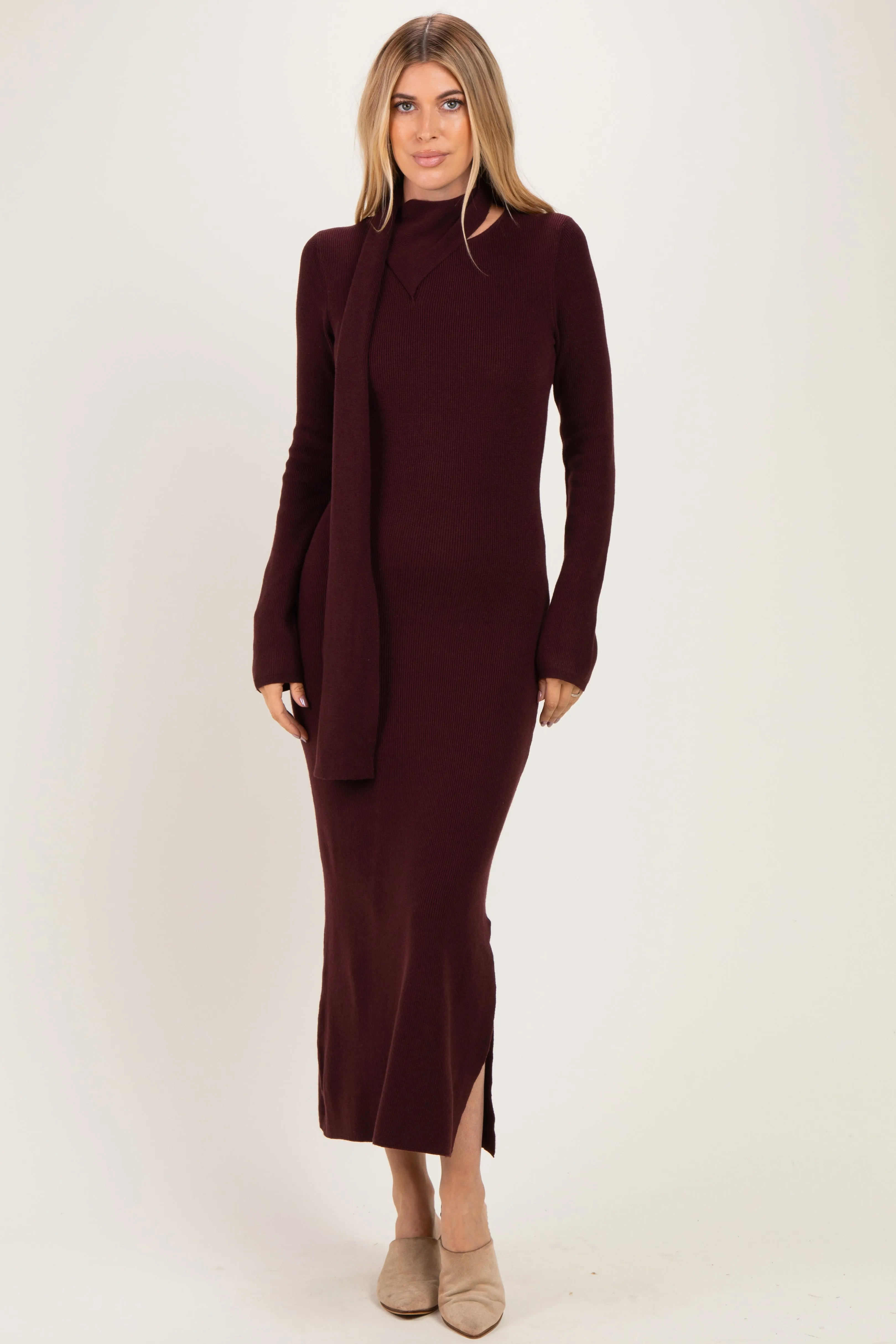 Burgundy Ribbed Knit Scarf Midi Dress sold by Pinkblush