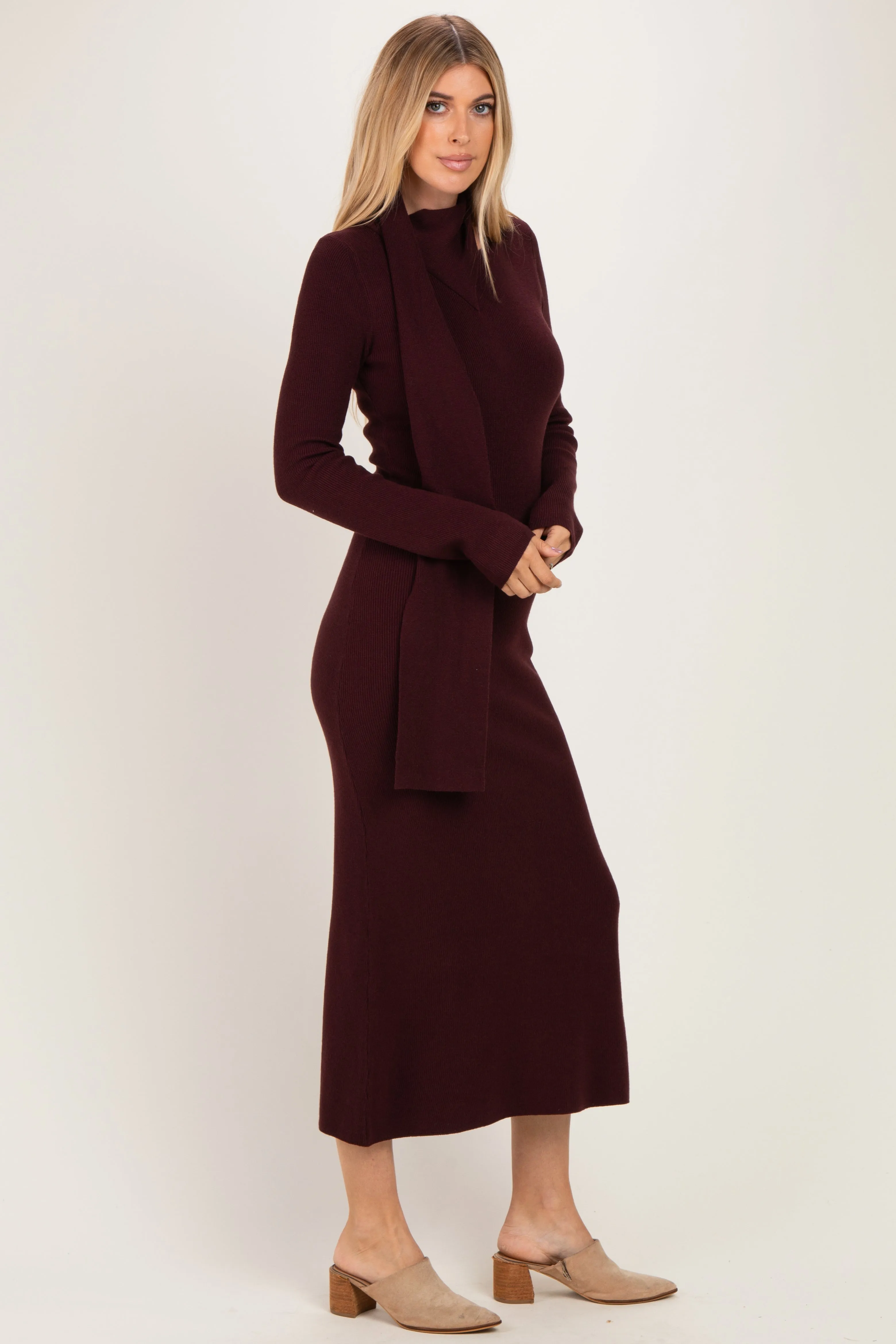 Burgundy Ribbed Knit Scarf Midi Dress sold by Pinkblush product image thumbnail 2