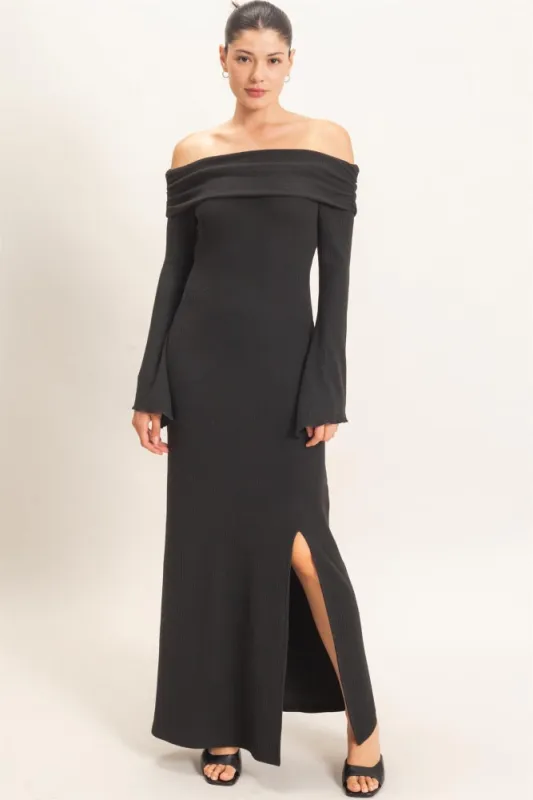 Black Off-Shoulder Long Sleeve Maxi Dress made by HYFVE