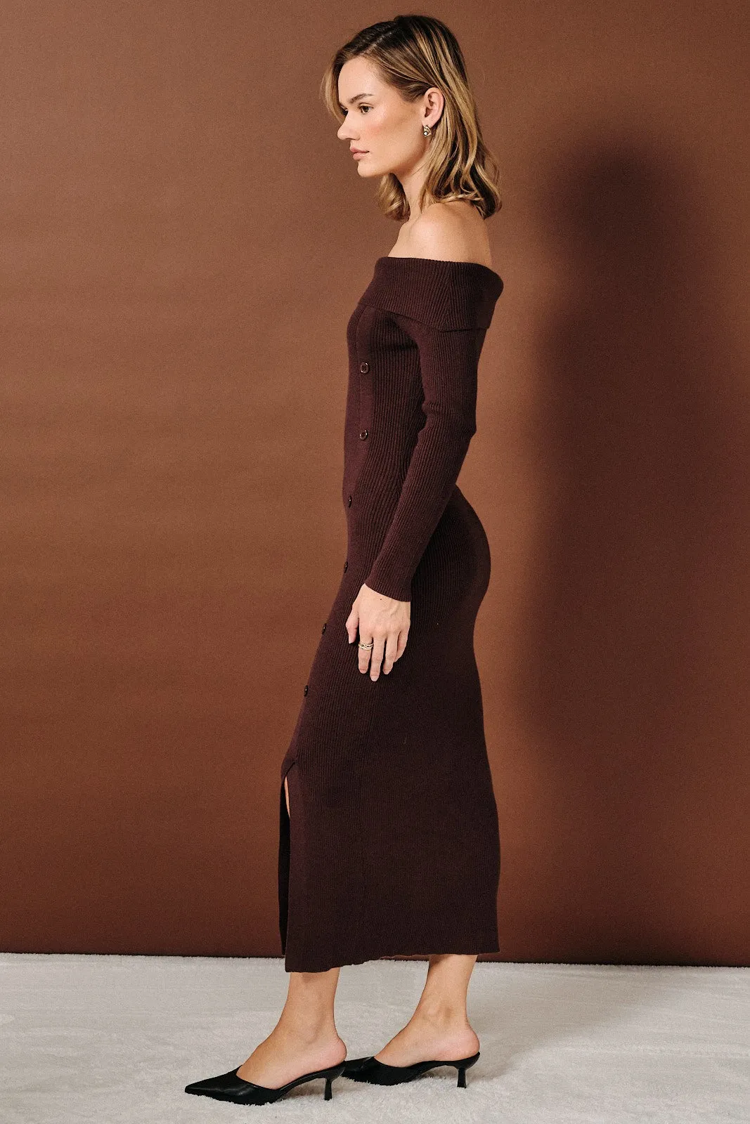 Brown Off Shoulder Button Detail Side Slit Sweater Dress sold by Pinkblush product image thumbnail 2