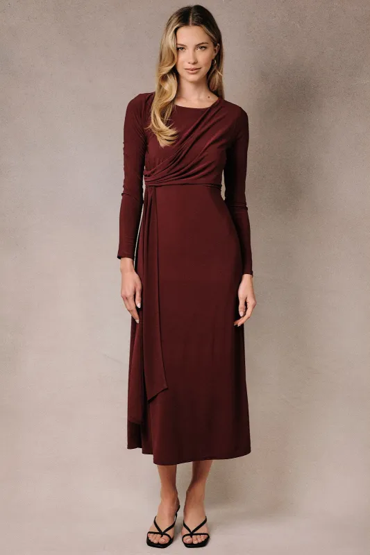 Burgundy Long Sleeve Side Drape Midi Dress made by Gilli