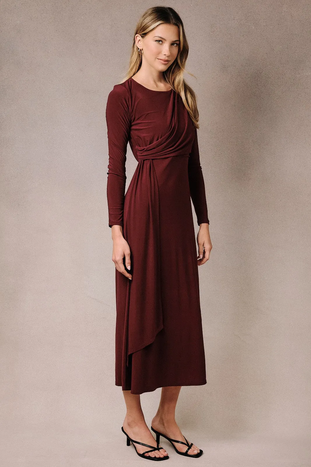 Burgundy Long Sleeve Side Drape Midi Dress sold by Pinkblush product image thumbnail 2