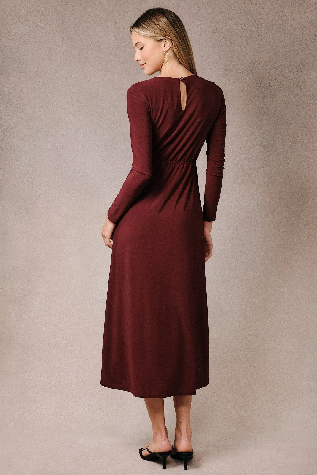 Burgundy Long Sleeve Side Drape Midi Dress sold by Pinkblush product image thumbnail 3
