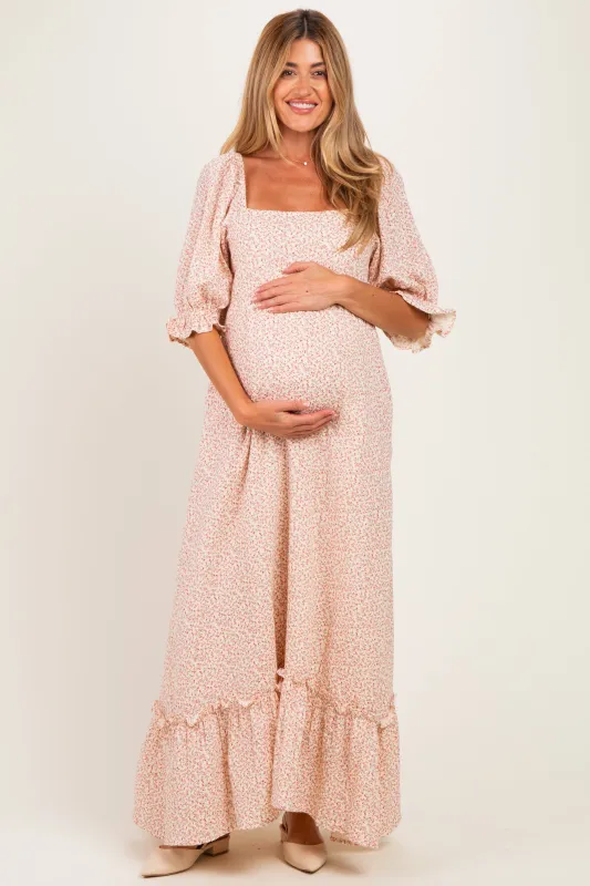 Red Floral Puffed Sleeve Maternity Maxi Dress made by Jnna