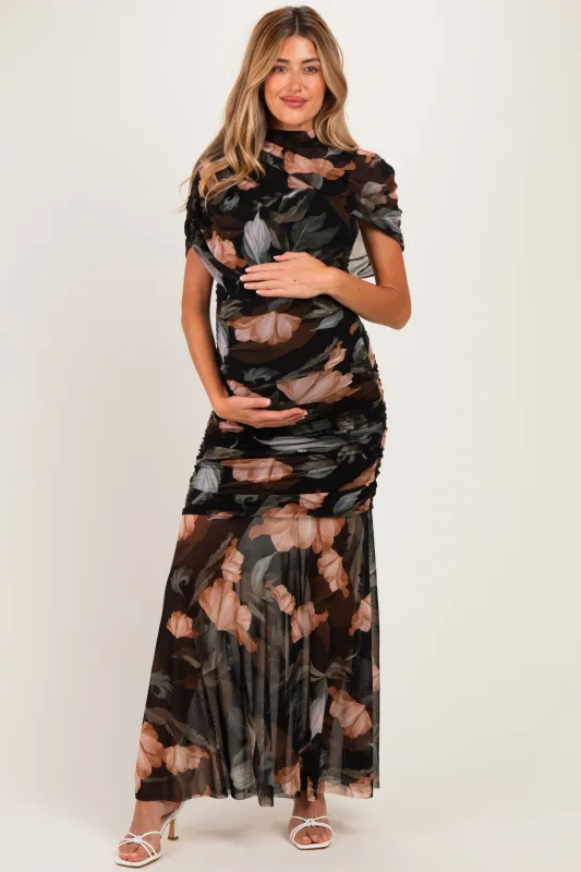 Multicolor Floral Mesh Ruched Maternity Maxi Dress made by Fore Collection