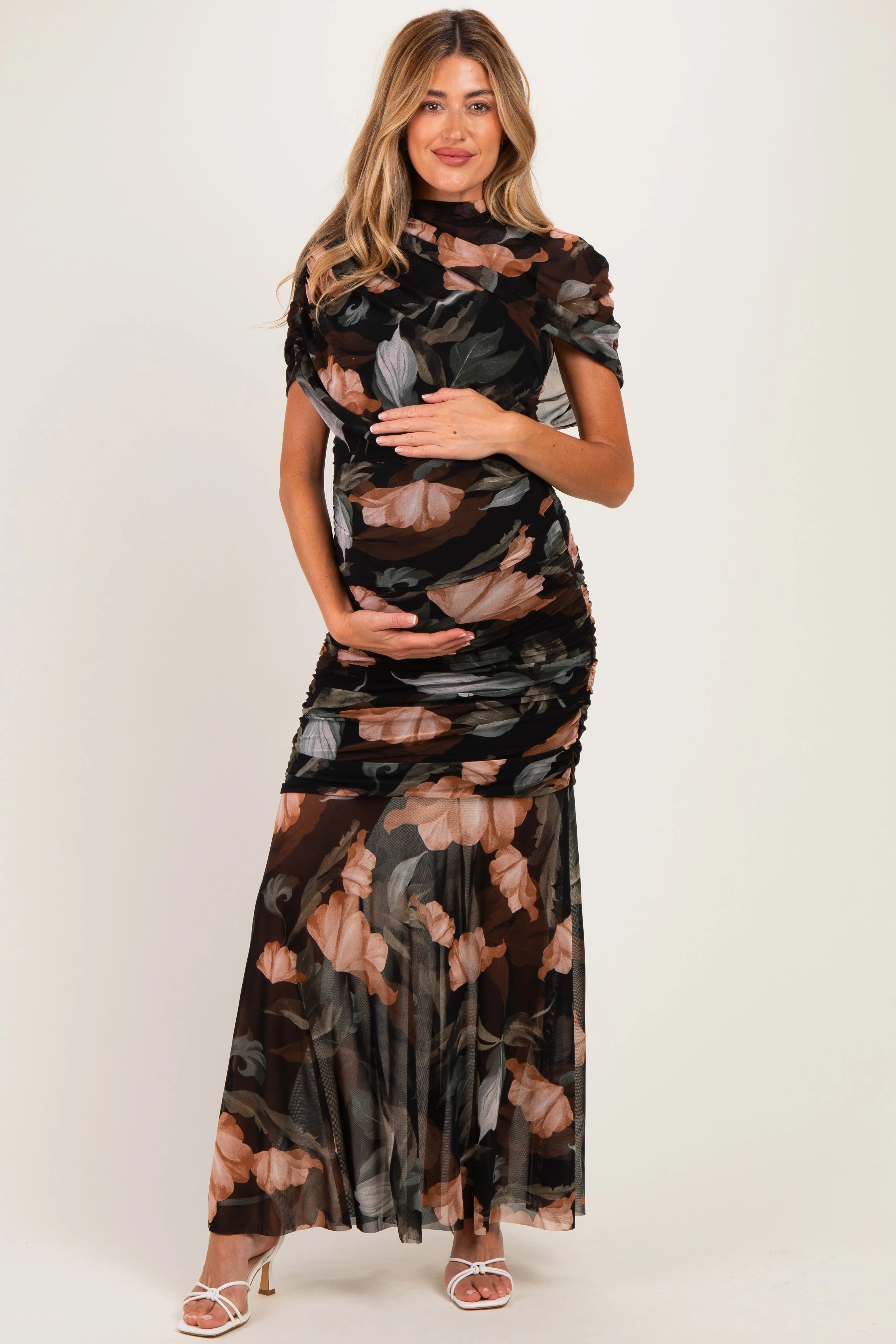 Multicolor Floral Mesh Ruched Maternity Maxi Dress sold by Pinkblush