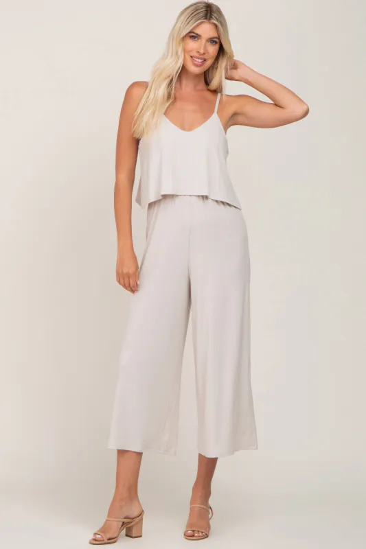 Beige Ribbed Double Layer Cropped Jumpsuit sold by Pinkblush