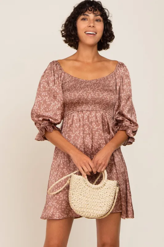Mocha Floral Satin Smocked Dress sold by Pinkblush