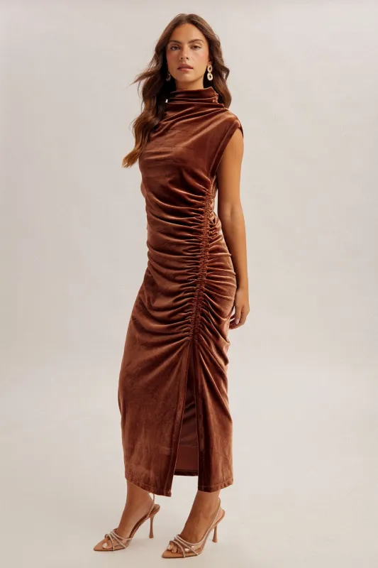 Brown Cowl Neck Ruched Velvet Maxi Dress made by Hem & Thread