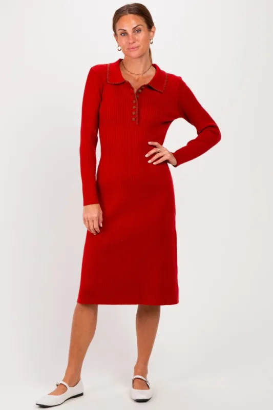 Red Button Front Collared Midi Sweater Dress made by So Me