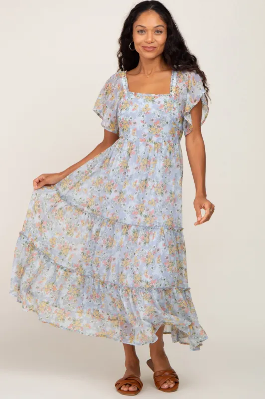 Light Blue Floral Chiffon Tiered Midi Dress sold by Pinkblush