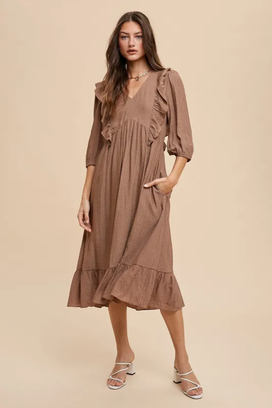 Mocha Ruffle Detail Babydoll Woven Midi Dress sold by Pinkblush
