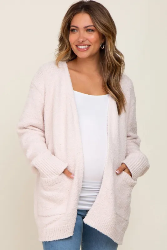 Ivory Fuzzy Knit Front Pocket Maternity Cardigan sold by Pinkblush