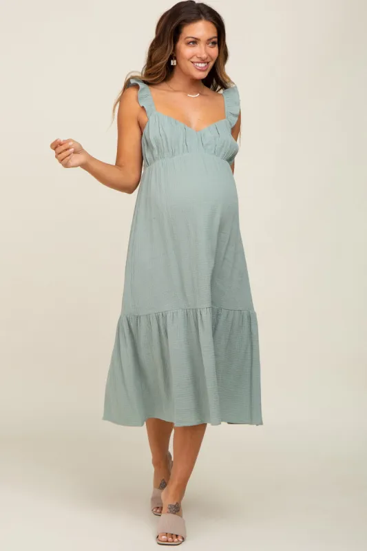Sage Gauze Ruffle Maternity Midi Dress sold by Pinkblush