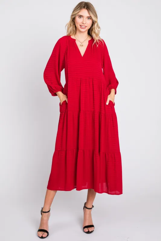 Red Textured Tiered Midi Dress sold by Pinkblush