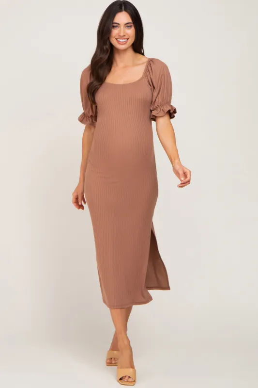 Mocha Ribbed Puff Sleeve Side Slit Maternity Midi Dress sold by Pinkblush