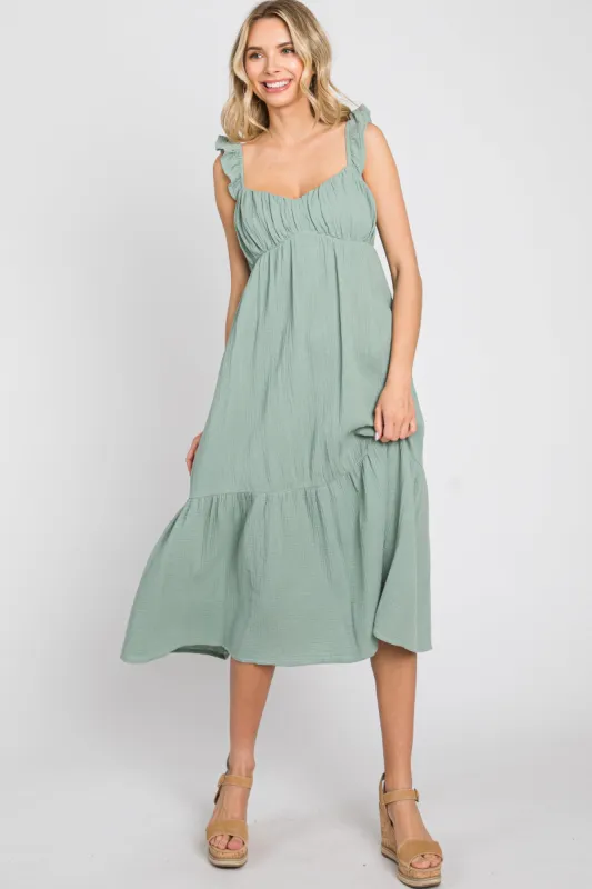 Sage Gauze Ruffle Midi Dress sold by Pinkblush