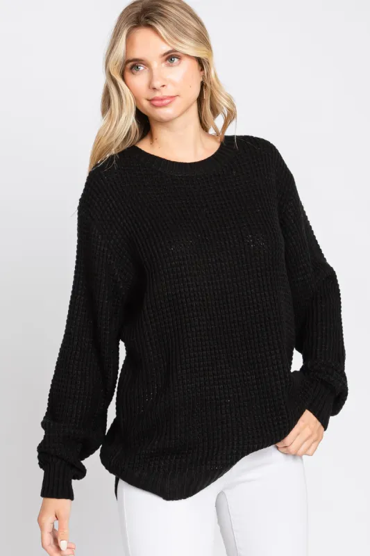Black Waffle Knit Round Hem Sweater sold by Pinkblush