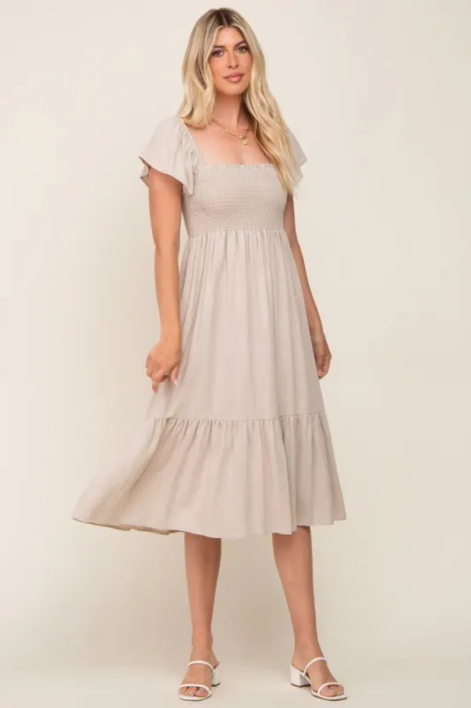 Beige Smocked Ruffle Hem Midi Dress sold by Pinkblush