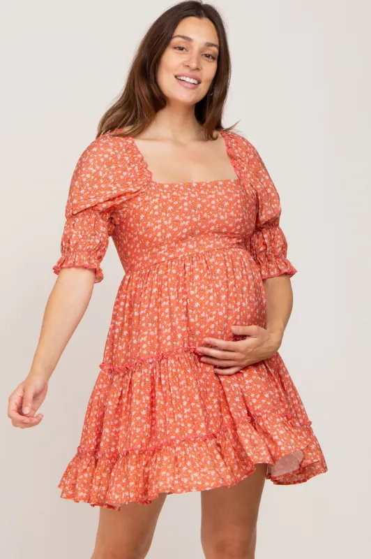 Orange Floral Square Neck Ruffle Tiered Maternity Dress sold by Pinkblush