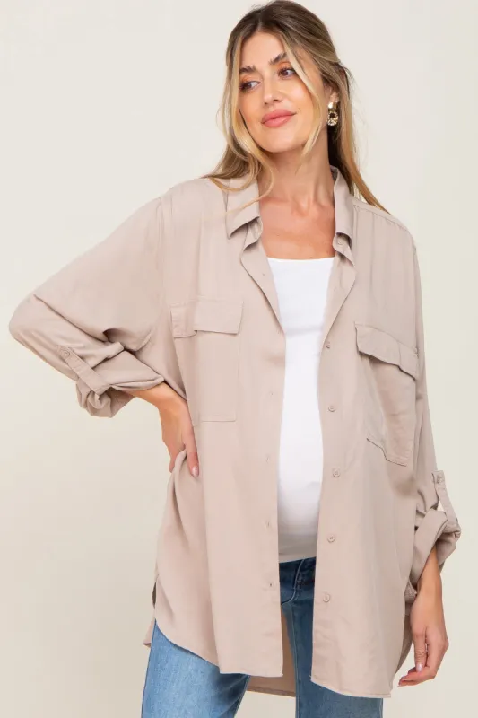 Beige Oversized Maternity Button Down Blouse made by Pinkblush