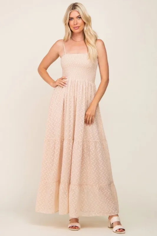 Beige Textured Dot Chiffon Sleeveless Maxi Dress sold by Pinkblush