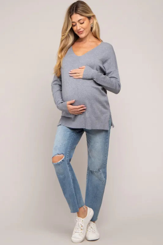 Heather Grey Long Sleeve Side Slit Maternity Sweater sold by Pinkblush