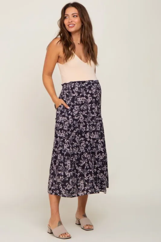 Charcoal Floral Tiered Maternity Midi Skirt sold by Pinkblush