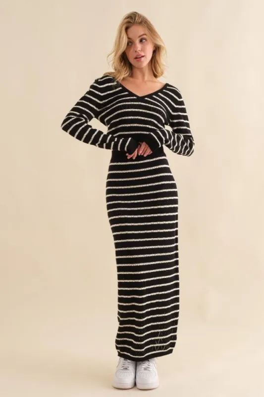Black Stripe Knit Stripe Top And Skirt Set sold by Pinkblush