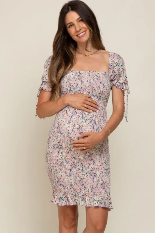 Mauve Floral Smocked Maternity Mini Dress sold by Pinkblush
