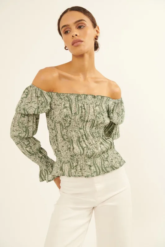 Smoke Green Floral Print Smocked Peasant Top sold by Pinkblush