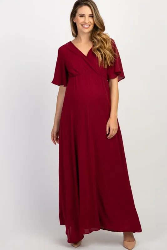 PinkBlush Burgundy Chiffon Bell Sleeve Maternity Maxi Dress sold by Pinkblush