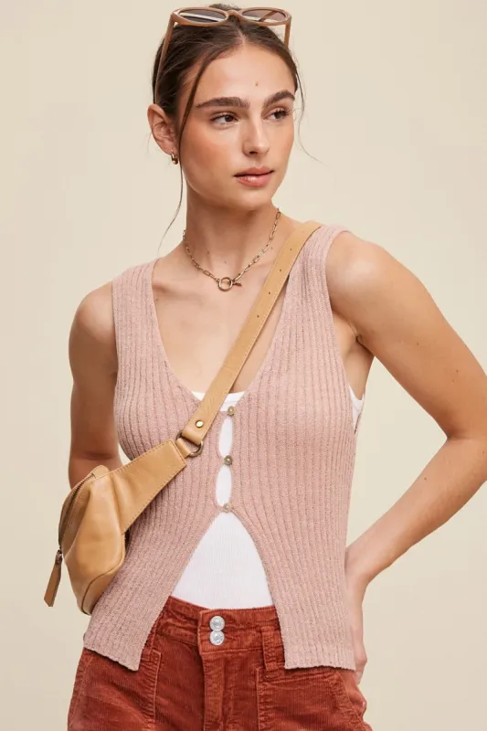 Blush Open Ribbed Knit Button Down Vest made by Pinkblush