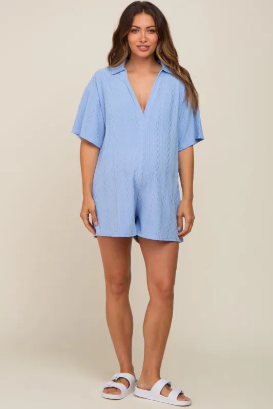 Blue Terry Cloth Collared Maternity Romper sold by Pinkblush
