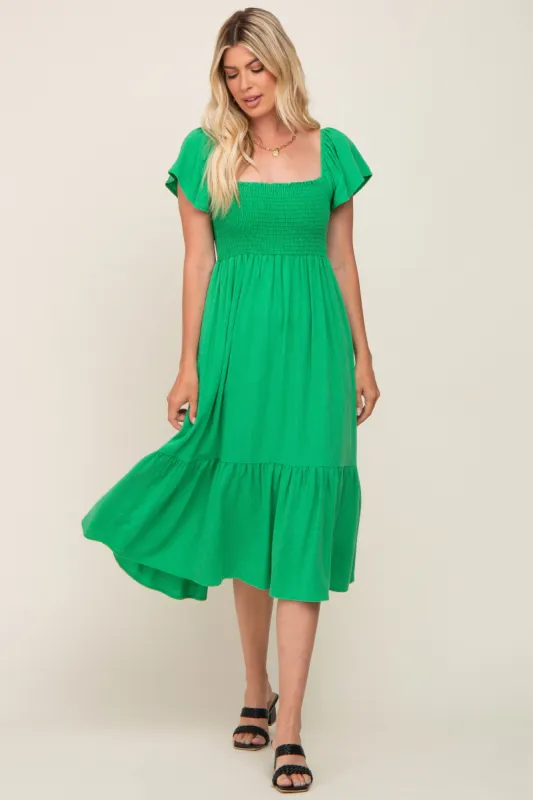 Green Smocked Ruffle Hem Midi Dress sold by Pinkblush
