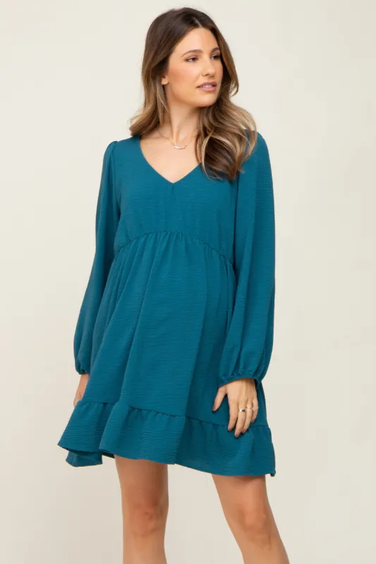 Teal Long Sleeve Gathered Tier Maternity Dress sold by Pinkblush