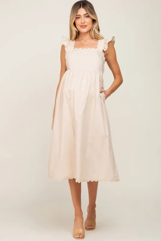 Beige Scallop Flutter Sleeve Maternity Midi Dress sold by Pinkblush