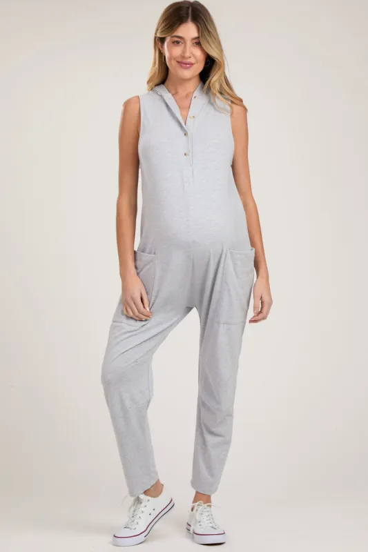Heather Grey Hooded Button Up Maternity Jumpsuit sold by Pinkblush