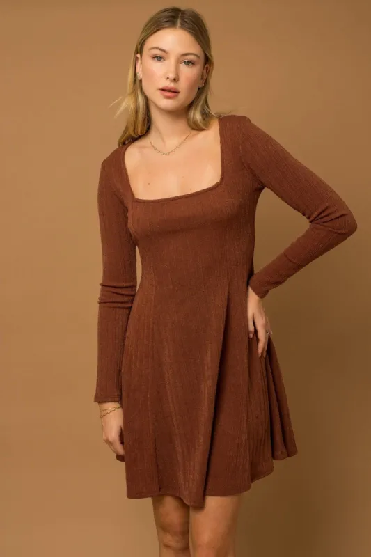 Brown Square Neck Long Sleeve Dress sold by Pinkblush