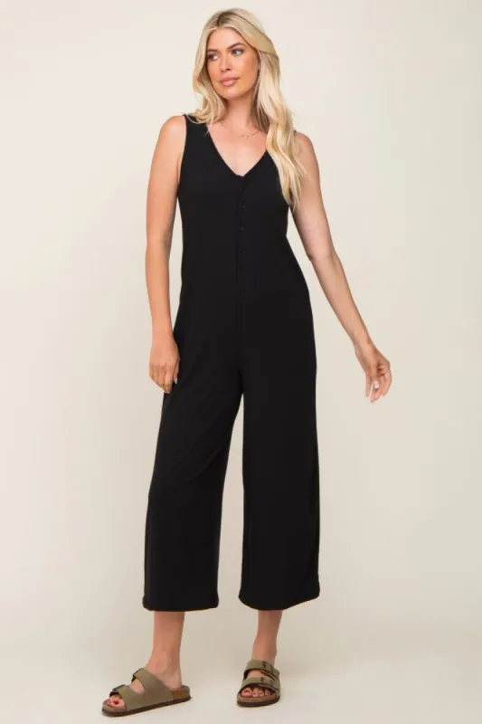 Black Ribbed V-Neck Button Front Crop Jumpsuit sold by Pinkblush