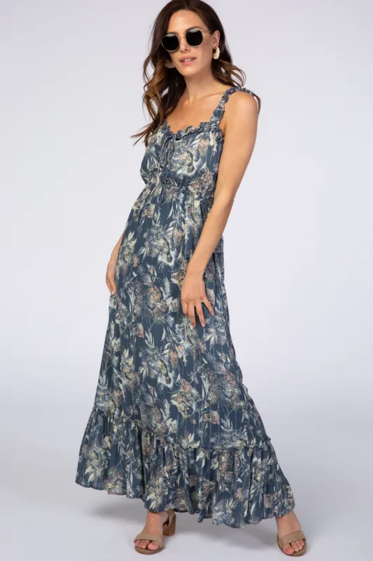 Blue Floral Shimmer Lace-Up Maxi Dress sold by Pinkblush