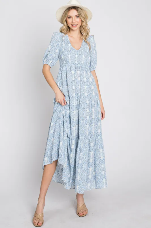 Blue Paisley Print Smocked Tiered Maxi Dress sold by Pinkblush