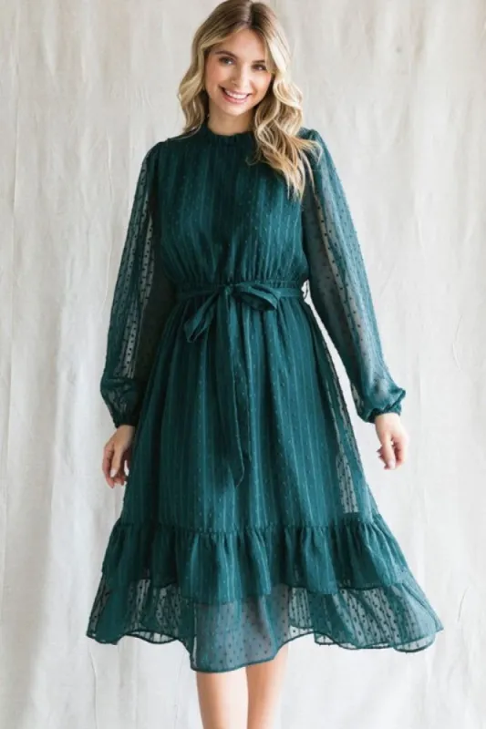 Teal Swiss Dot Ruffle Accent Midi Dress sold by Pinkblush