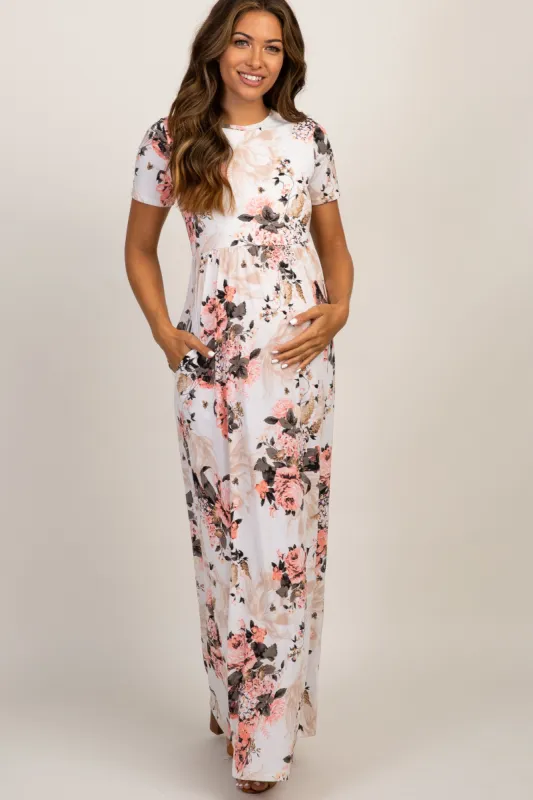 Peach Floral Short Sleeve Maternity Maxi Dress sold by Pinkblush