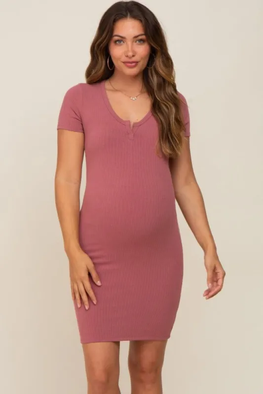 Mauve Split Neck Ribbed Fitted Maternity Dress sold by Pinkblush