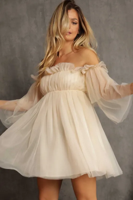 Nude Off Shoulder Tulle Dress sold by Pinkblush