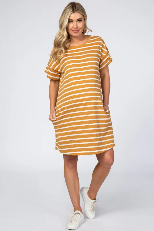 Yellow Striped Short Sleeve Maternity Dress sold by Pinkblush