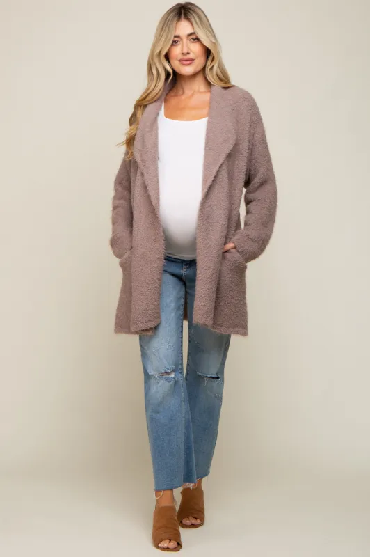 Mocha Fuzzy Knit Draped Maternity Cardigan sold by Pinkblush