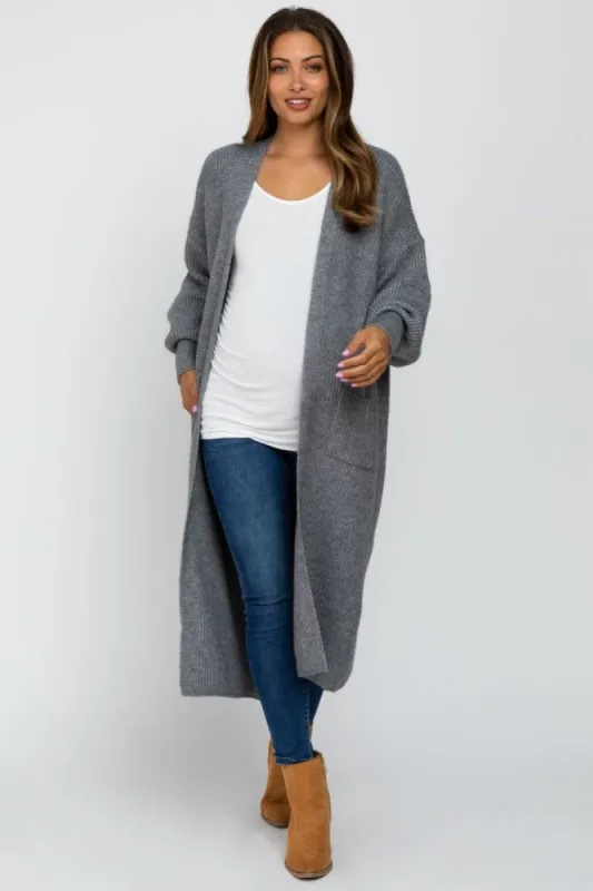 Heather Grey Bubble Sleeve Long Maternity Cardigan sold by Pinkblush
