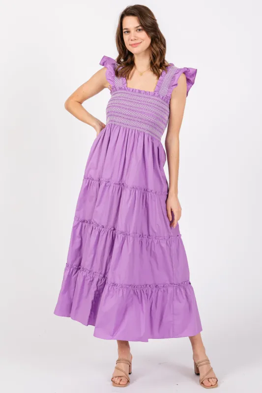 Lavender Embroidered Smocked Midi Dress sold by Pinkblush